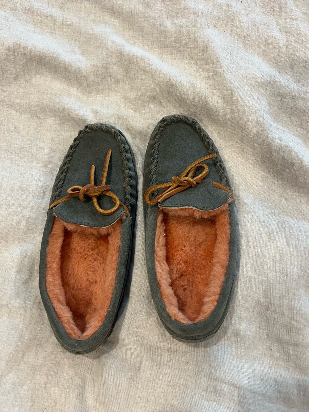 L. L. Bean Cozy Suede Moccasin Slippers in Olive with Rust Fur Lining